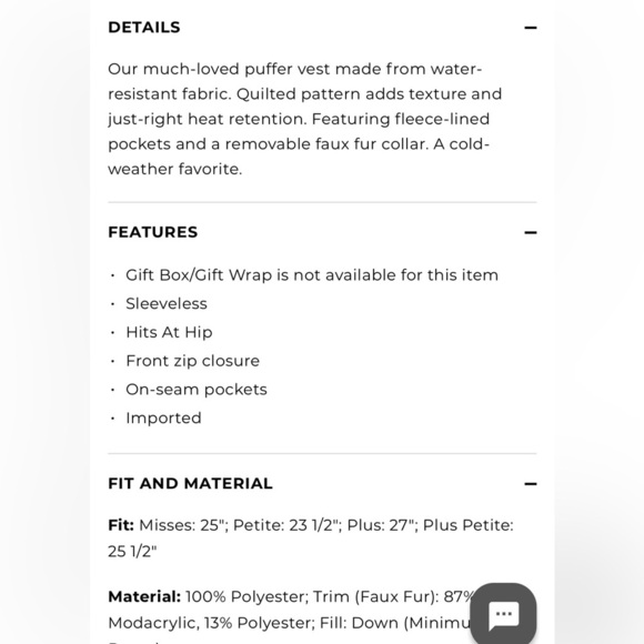 Talbots NWT Faux Fur Collar Down Puffer Vest - Picture 3 of 12